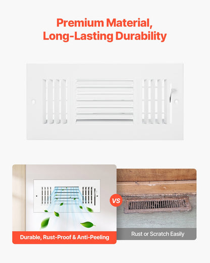 VEVOR 4 x 10 Inch Floor Registers, 6-Pack Floor Vents, HVAC 3-Direction Iron Vent Grilles for Home/Office Wall & Ceiling, Rustproof Anti-Peeling Air Vents Deflector Adjustable with Metal Damper, White - BGGZTFKTSLQMW2UCAV0 - view 4