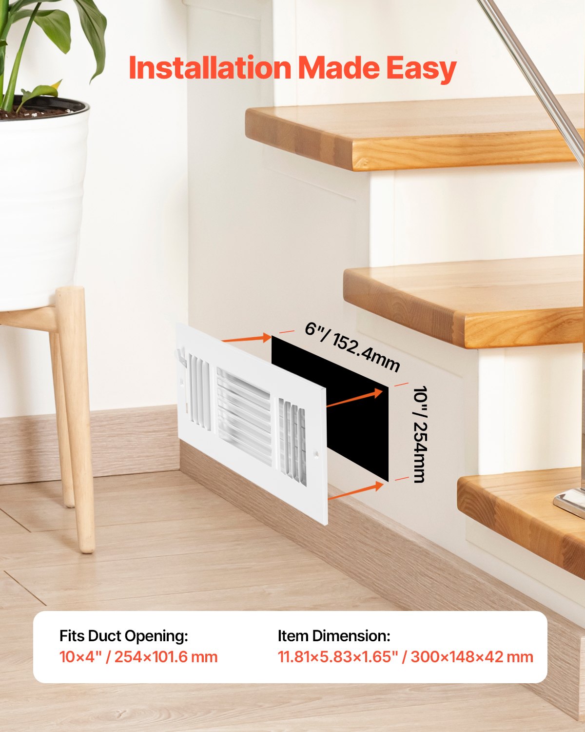 VEVOR 4 x 10 Inch Floor Registers, 6-Pack Floor Vents, HVAC 3-Direction Iron Vent Grilles for Home/Office Wall & Ceiling, Rustproof Anti-Peeling Air Vents Deflector Adjustable with Metal Damper, White - BGGZTFKTSLQMW2UCAV0 - view 6