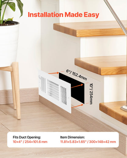 VEVOR 4 x 10 Inch Floor Registers, 6-Pack Floor Vents, HVAC 3-Direction Iron Vent Grilles for Home/Office Wall & Ceiling, Rustproof Anti-Peeling Air Vents Deflector Adjustable with Metal Damper, White - BGGZTFKTSLQMW2UCAV0 - view 6