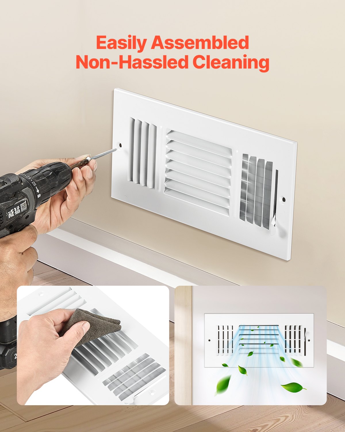VEVOR 4 x 10 Inch Floor Registers, 6-Pack Floor Vents, HVAC 3-Direction Iron Vent Grilles for Home/Office Wall & Ceiling, Rustproof Anti-Peeling Air Vents Deflector Adjustable with Metal Damper, White - BGGZTFKTSLQMW2UCAV0 - view 7