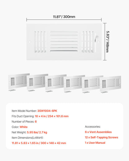 VEVOR 4 x 10 Inch Floor Registers, 6-Pack Floor Vents, HVAC 3-Direction Iron Vent Grilles for Home/Office Wall & Ceiling, Rustproof Anti-Peeling Air Vents Deflector Adjustable with Metal Damper, White - BGGZTFKTSLQMW2UCAV0 - view 8