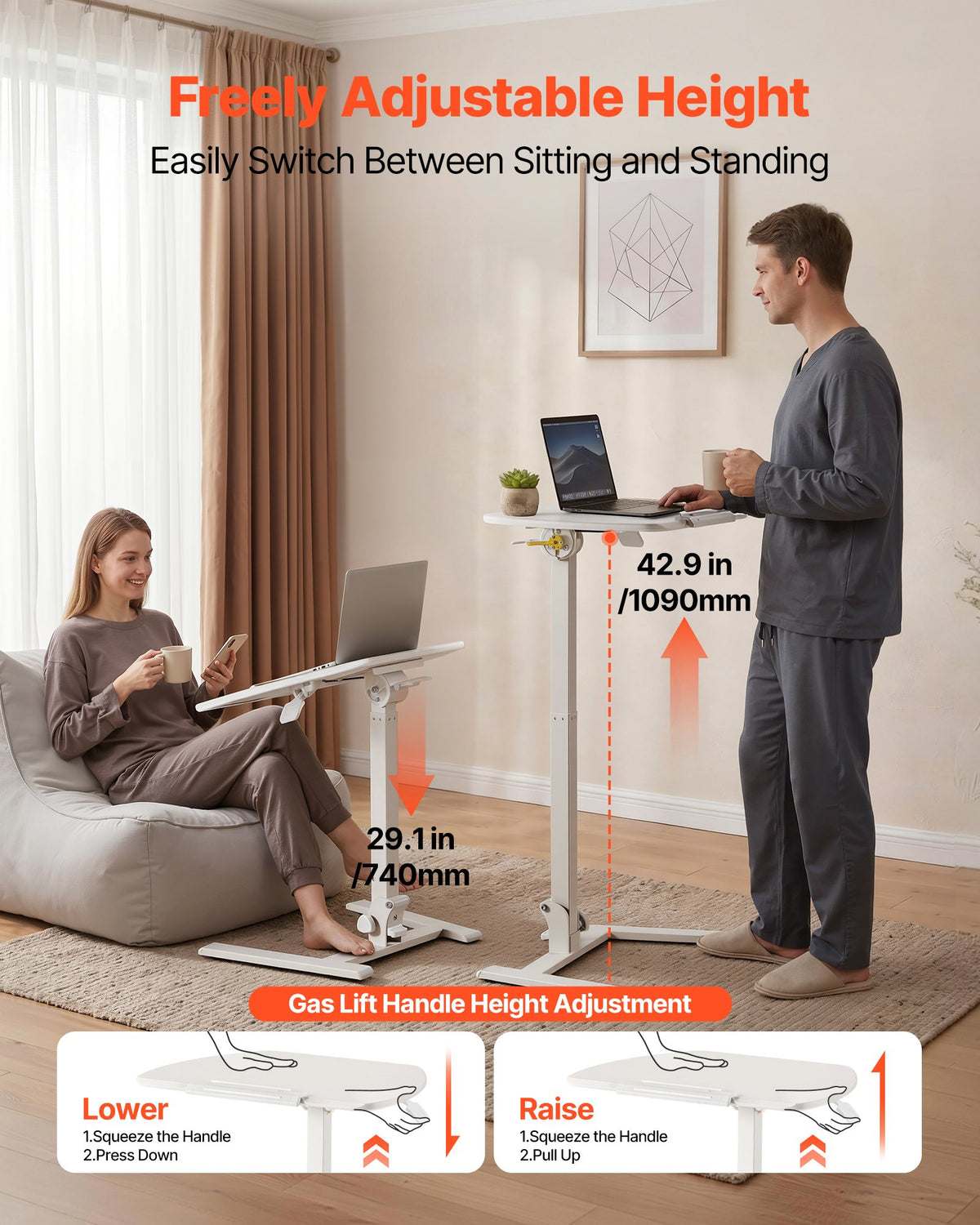 VEVOR Standing Desk, Adjustable Height Mobile Stand Up Desk with Tilting Desktop, 25.6 x 19 in Small Computer Sit Stand Workstation, 33 lbs Capacity, Pneumatic Lift for Home Office, Fully Assembled - BGGZTMAZCGSJQ6UCT001V0 - view 4