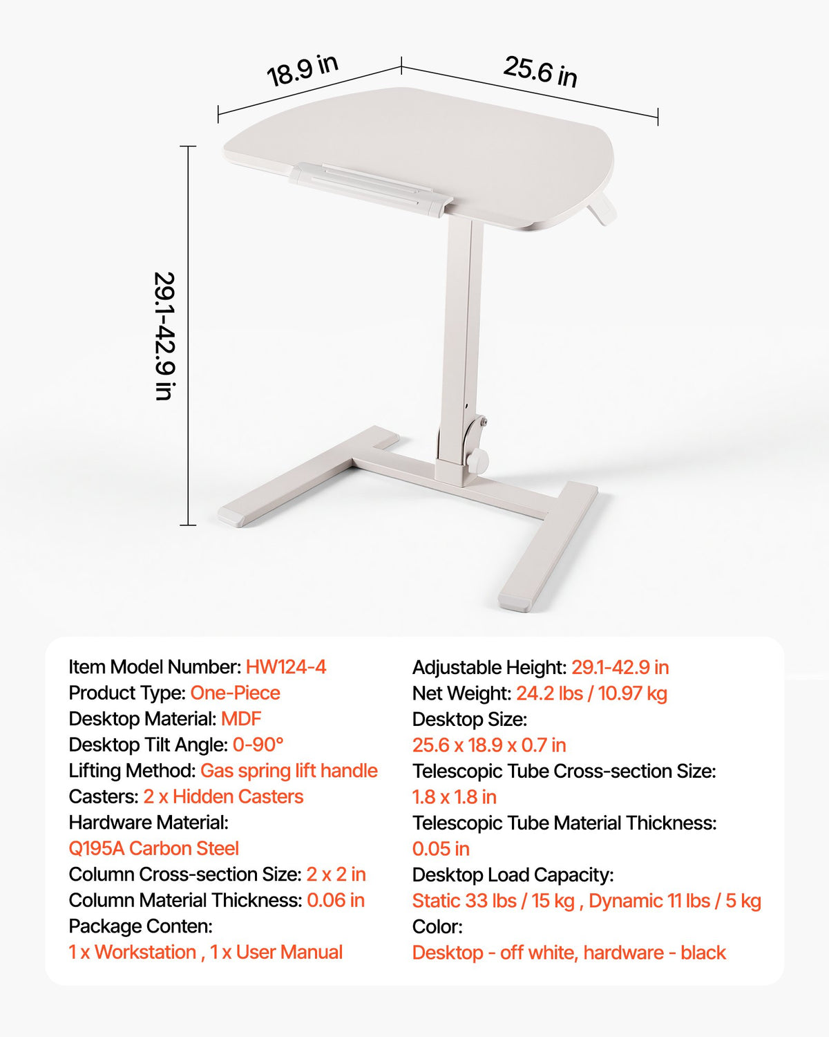 VEVOR Standing Desk, Adjustable Height Mobile Stand Up Desk with Tilting Desktop, 25.6 x 19 in Small Computer Sit Stand Workstation, 33 lbs Capacity, Pneumatic Lift for Home Office, Fully Assembled - BGGZTMAZCGSJQ6UCT001V0 - view 8