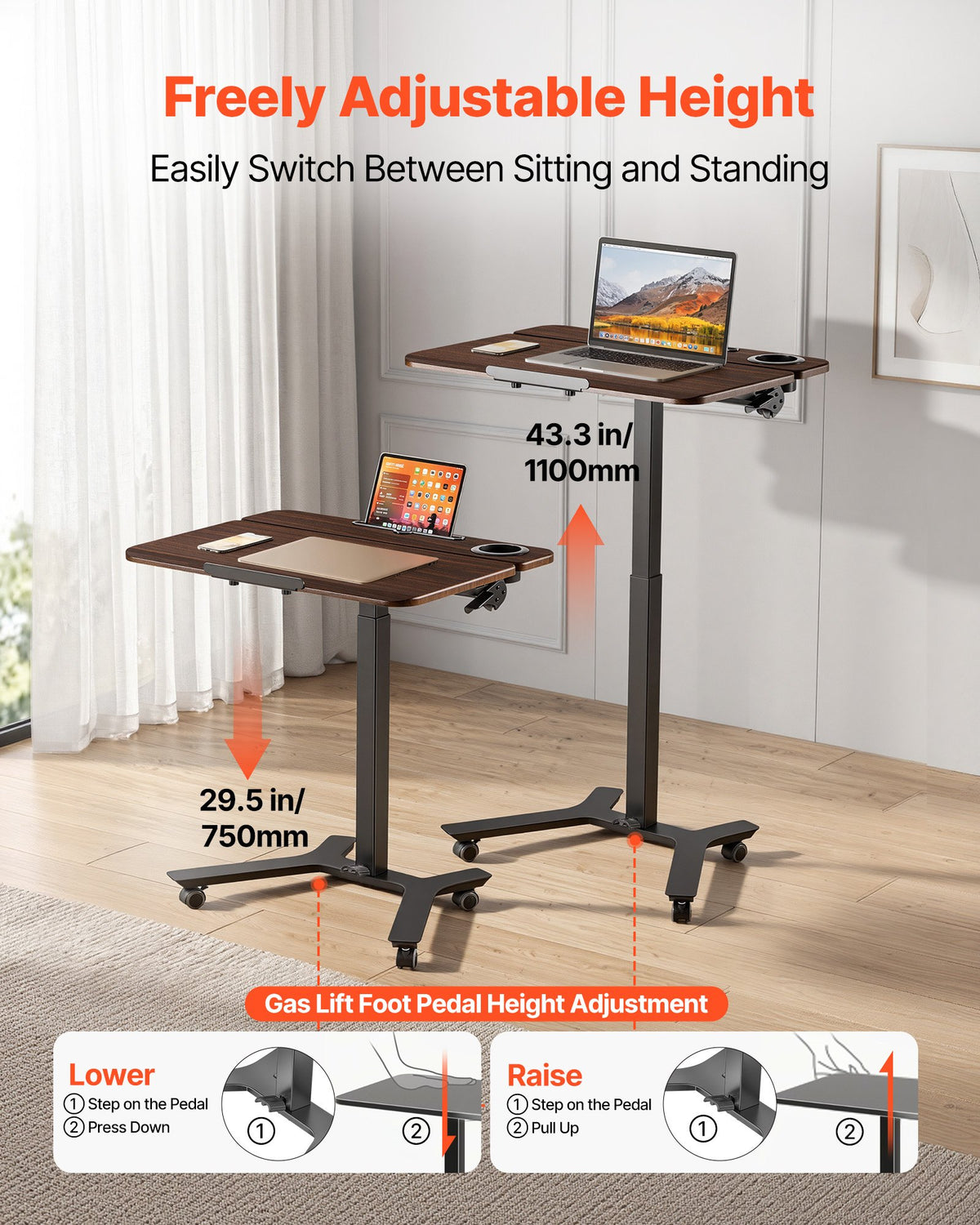 VEVOR Standing Desk, Adjustable Height Mobile Stand Up Desk with Tilting Desktop, 28.2 x 20.7 in Small Computer Sit Stand Workstation, 33 lbs Capacity, Foot Pedal Pneumatic Lift for Home, Office - BGGZTXYAZCGS0MFIW001V0 - view 4