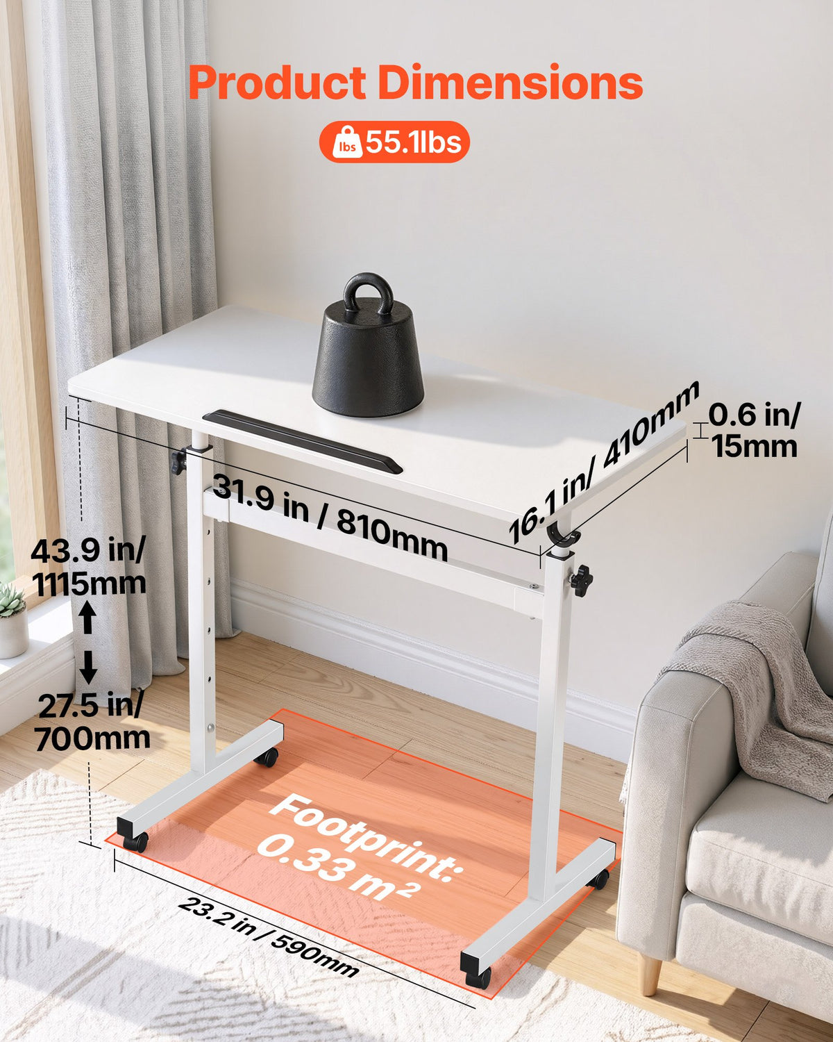 VEVOR Standing Desk, Adjustable Height Mobile Stand Up Desk 360° Tilting Desktop, 32 x 16 in Small Computer Sit Stand Rolling Workstation w/ Hook, Lockable Casters, 55.1 lbs Capacity for Home Office - BGGZTXYAZCGS857VI001V0 - view 3