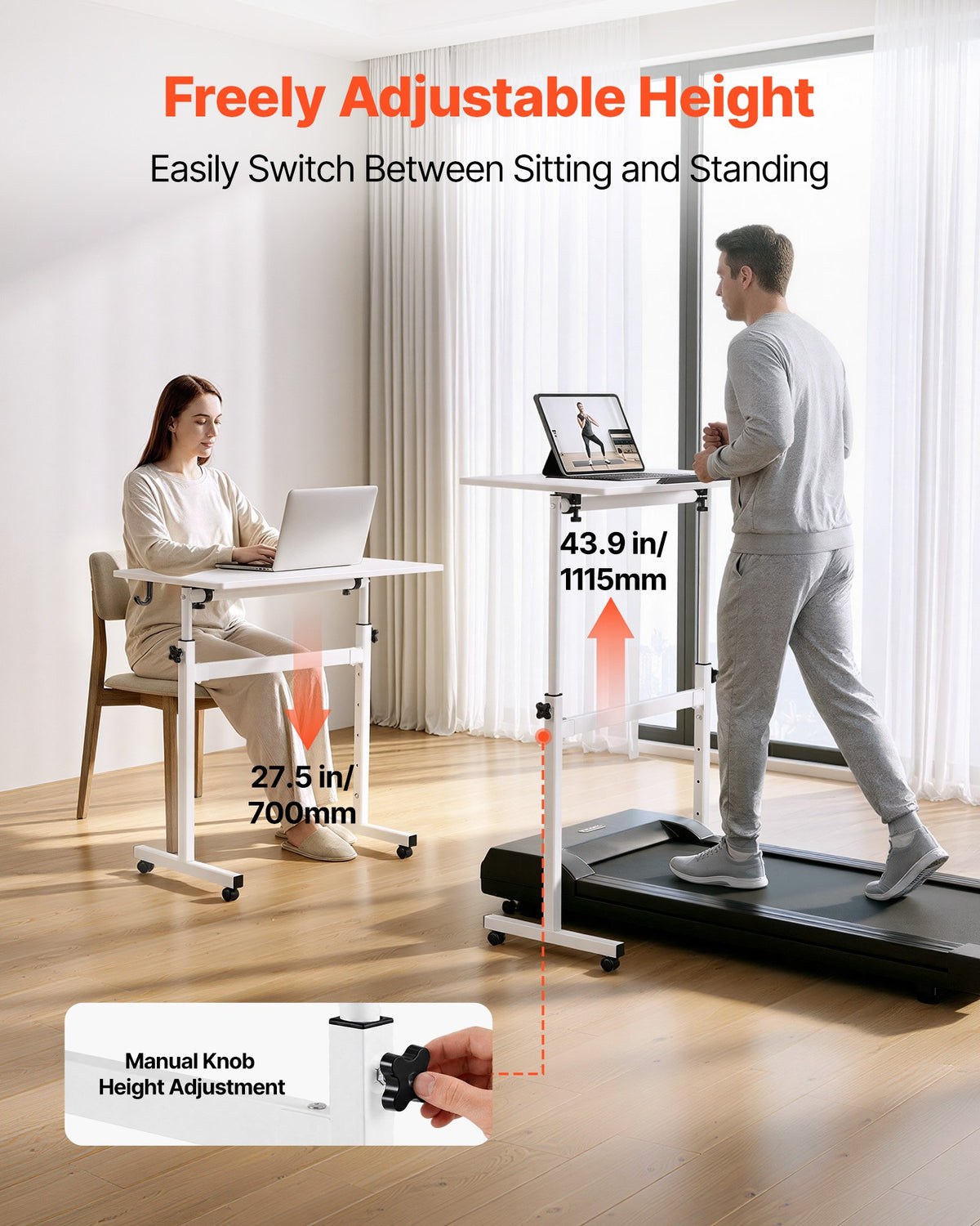 VEVOR Standing Desk, Adjustable Height Mobile Stand Up Desk 360° Tilting Desktop, 32 x 16 in Small Computer Sit Stand Rolling Workstation w/ Hook, Lockable Casters, 55.1 lbs Capacity for Home Office - BGGZTXYAZCGS857VI001V0 - view 4