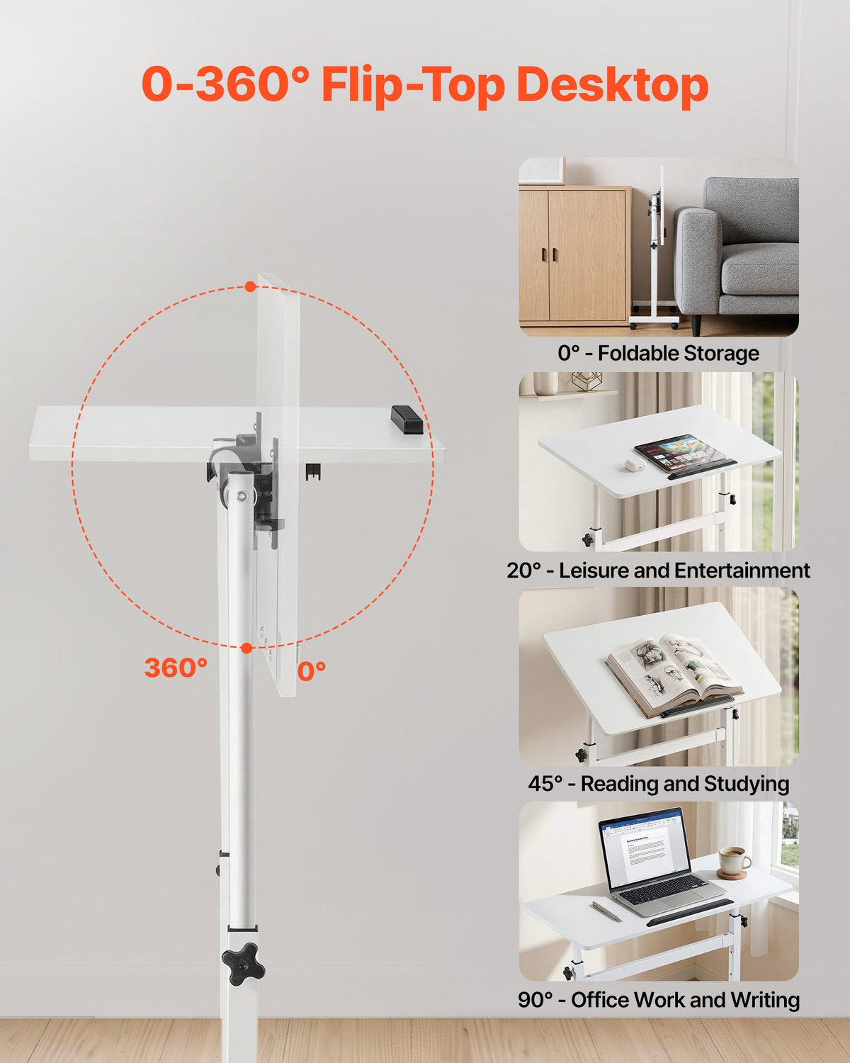 VEVOR Standing Desk, Adjustable Height Mobile Stand Up Desk 360° Tilting Desktop, 32 x 16 in Small Computer Sit Stand Rolling Workstation w/ Hook, Lockable Casters, 55.1 lbs Capacity for Home Office - BGGZTXYAZCGS857VI001V0 - view 5