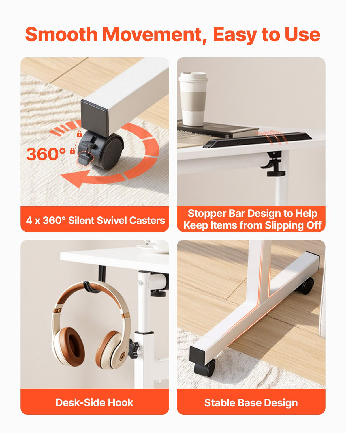 VEVOR Standing Desk, Adjustable Height Mobile Stand Up Desk 360° Tilting Desktop, 32 x 16 in Small Computer Sit Stand Rolling Workstation w/ Hook, Lockable Casters, 55.1 lbs Capacity for Home Office - BGGZTXYAZCGS857VI001V0 - view 6