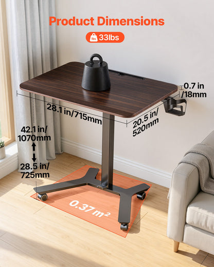VEVOR Standing Desk, Adjustable Height Mobile Stand Up Desk w/ Casters, 28.2 x 20.5 in Small Computer Sit Stand Rolling Workstation w/ Hook, 33 lbs Capacity, Foot Pedal Pneumatic Lift for Home Office - BGGZTXYAZCGSBKASI001V0 - view 3