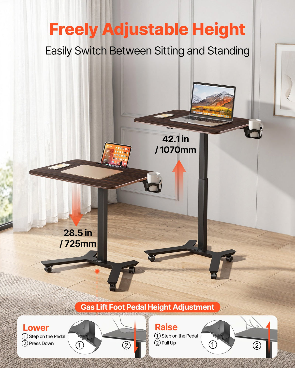 VEVOR Standing Desk, Adjustable Height Mobile Stand Up Desk w/ Casters, 28.2 x 20.5 in Small Computer Sit Stand Rolling Workstation w/ Hook, 33 lbs Capacity, Foot Pedal Pneumatic Lift for Home Office - BGGZTXYAZCGSBKASI001V0 - view 4