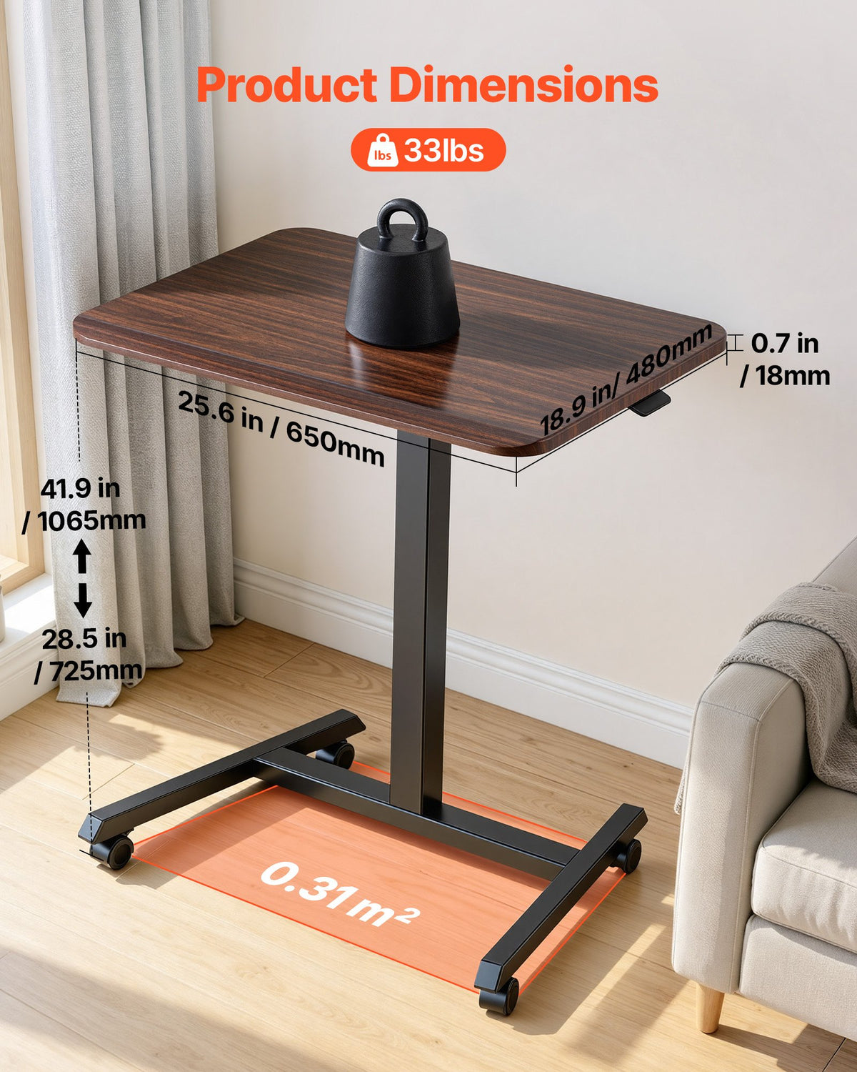 VEVOR Standing Desk, Adjustable Height Mobile Stand Up Desk with 4 Casters, 25.6 x 19 in Small Computer Sit Stand Rolling Workstation with Hook, 33 lbs Desktop Capacity, Ideal for Home Office, Brown - BGGZTXYAZCGSQ6NUW001V0 - view 3