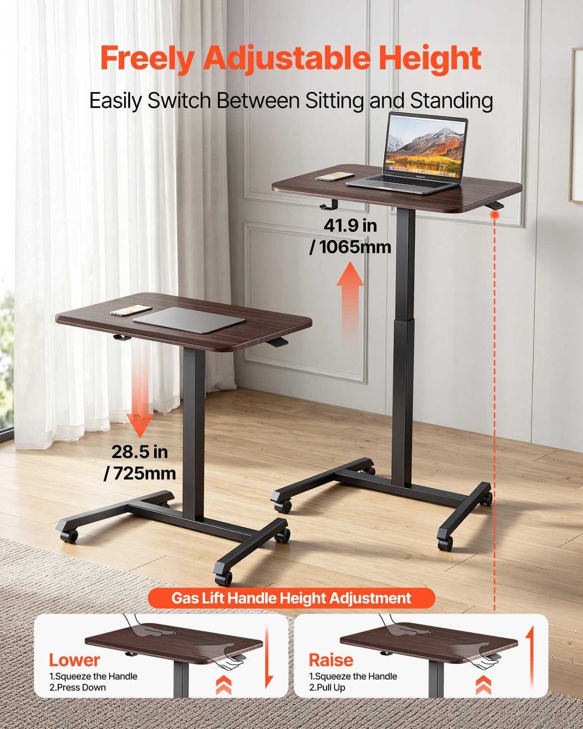 VEVOR Standing Desk, Adjustable Height Mobile Stand Up Desk with 4 Casters, 25.6 x 19 in Small Computer Sit Stand Rolling Workstation with Hook, 33 lbs Desktop Capacity, Ideal for Home Office, Brown - BGGZTXYAZCGSQ6NUW001V0 - view 4