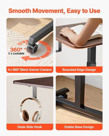 VEVOR Standing Desk, Adjustable Height Mobile Stand Up Desk with 4 Casters, 25.6 x 19 in Small Computer Sit Stand Rolling Workstation with Hook, 33 lbs Desktop Capacity, Ideal for Home Office, Brown - BGGZTXYAZCGSQ6NUW001V0 - view 6