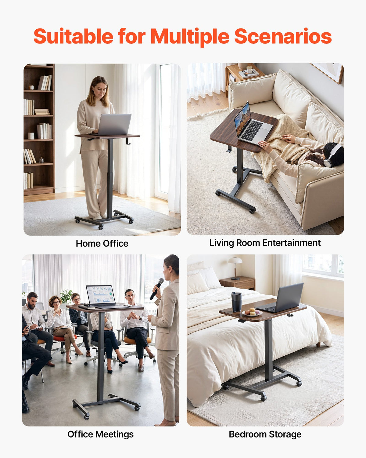 VEVOR Standing Desk, Adjustable Height Mobile Stand Up Desk with 4 Casters, 25.6 x 19 in Small Computer Sit Stand Rolling Workstation with Hook, 33 lbs Desktop Capacity, Ideal for Home Office, Brown - BGGZTXYAZCGSQ6NUW001V0 - view 7