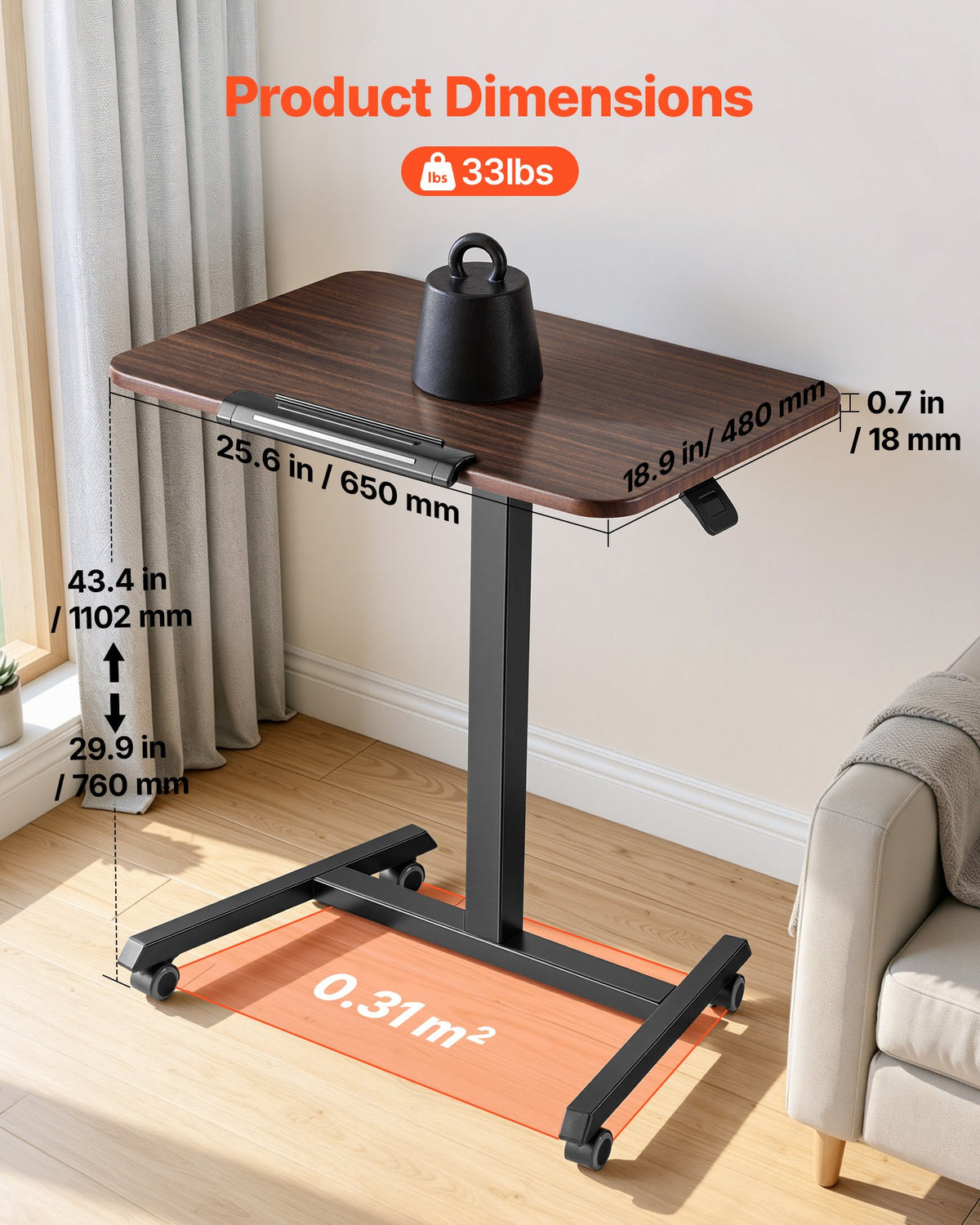VEVOR Standing Desk, Adjustable Height Mobile Stand Up Desk with Tilting Desktop, 25.6 x 19 in Small Computer Sit Stand Rolling Workstation with 4 Casters, 33 lbs Capacity, Ideal for Home Office - BGGZTXYAZCGSWY94R001V0 - view 3