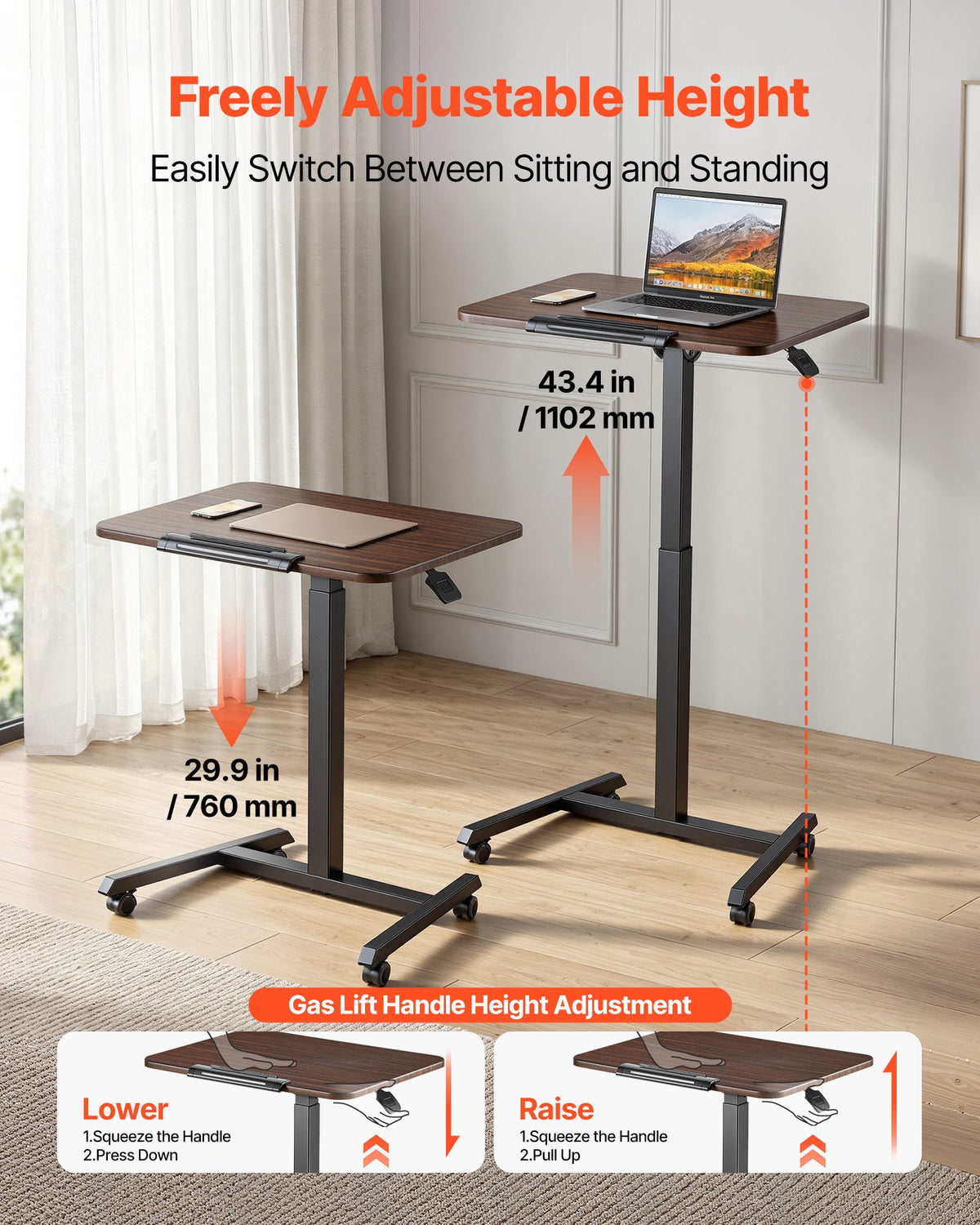 VEVOR Standing Desk, Adjustable Height Mobile Stand Up Desk with Tilting Desktop, 25.6 x 19 in Small Computer Sit Stand Rolling Workstation with 4 Casters, 33 lbs Capacity, Ideal for Home Office - BGGZTXYAZCGSWY94R001V0 - view 4
