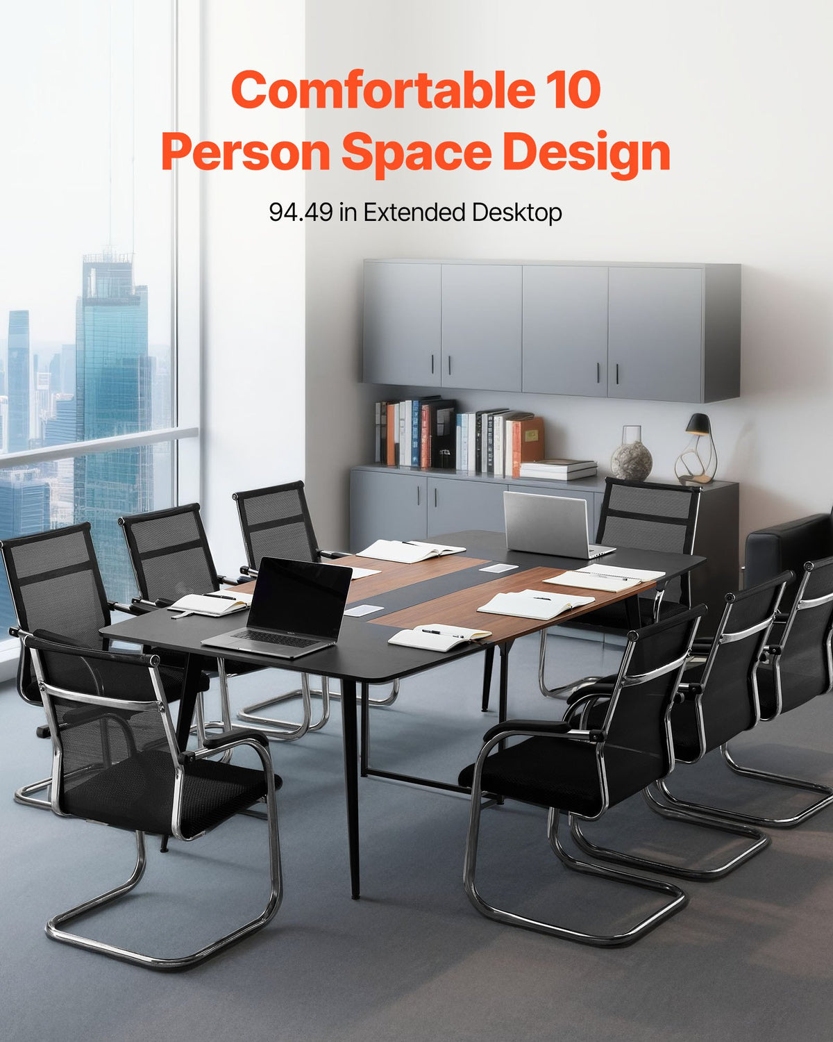 VEVOR Conference Table, 8 ft Boat Shaped Office Meeting Table for 10 Person, Modern Large Boat Meeting Desk with Metal Legs, Ideal for Office, Boardroom, Conference Room, Easy Assembly, Black & Brown - BGHYZCX8FT00WKUN4001V0 - view 3