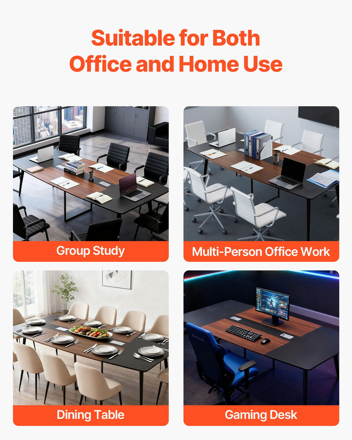 VEVOR Conference Table, 8 ft Boat Shaped Office Meeting Table for 10 Person, Modern Large Boat Meeting Desk with Metal Legs, Ideal for Office, Boardroom, Conference Room, Easy Assembly, Black & Brown - BGHYZCX8FT00WKUN4001V0 - view 7