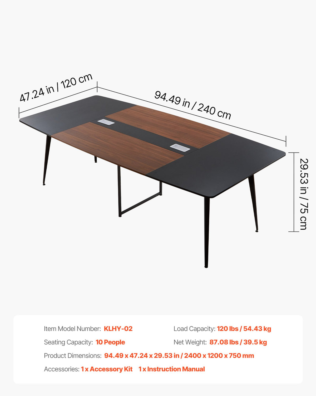 VEVOR Conference Table, 8 ft Boat Shaped Office Meeting Table for 10 Person, Modern Large Boat Meeting Desk with Metal Legs, Ideal for Office, Boardroom, Conference Room, Easy Assembly, Black & Brown - BGHYZCX8FT00WKUN4001V0 - view 8
