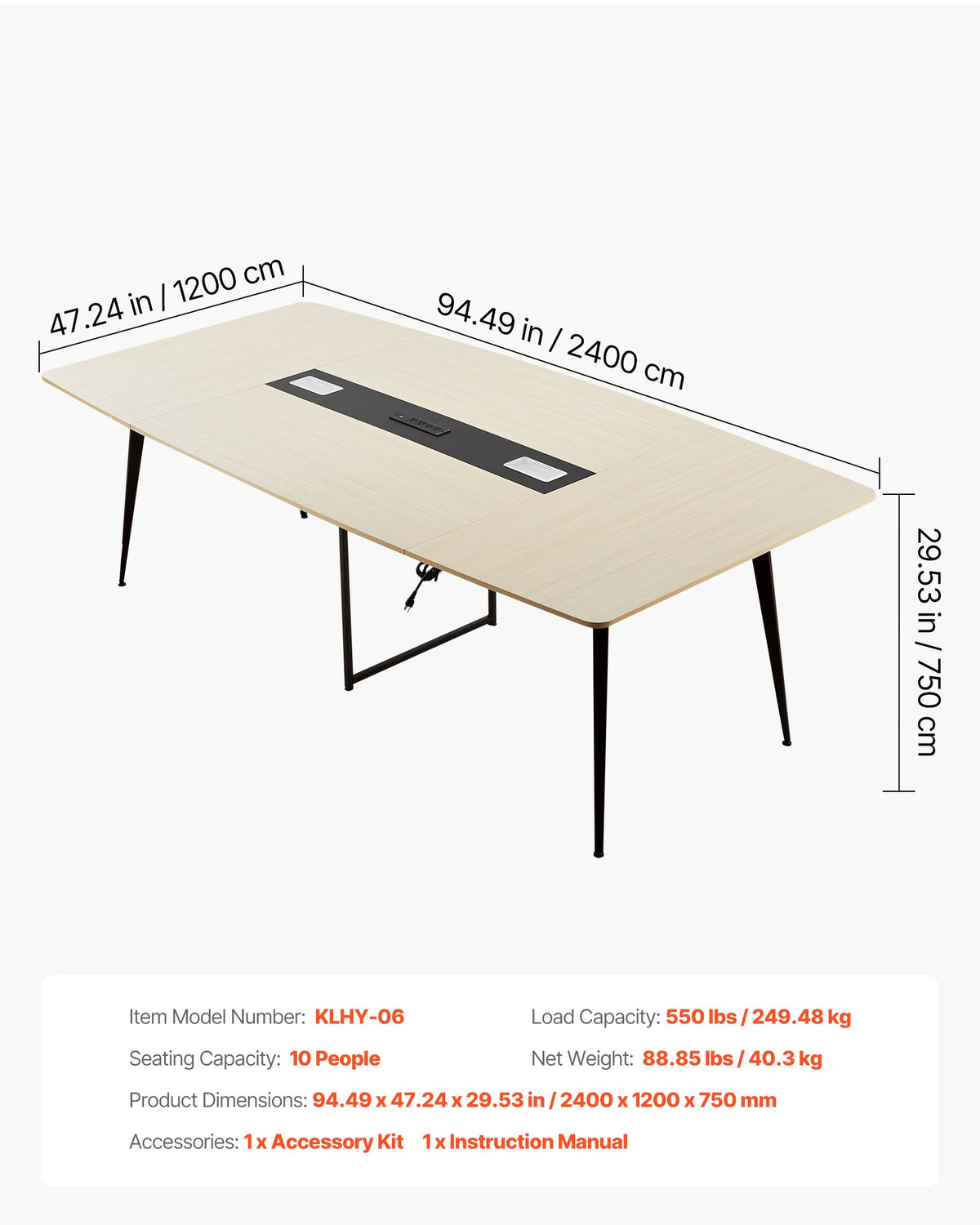 VEVOR Conference Table, 8 ft Boat Shaped Office Meeting Table with Charge Station for 10 Person, Modern Boat Seminar Meeting Desk with Metal Legs for Office, Boardroom, Conference Room, Easy Assembly - BGHYZCX8FT1JXVIB8001V1 - view 8