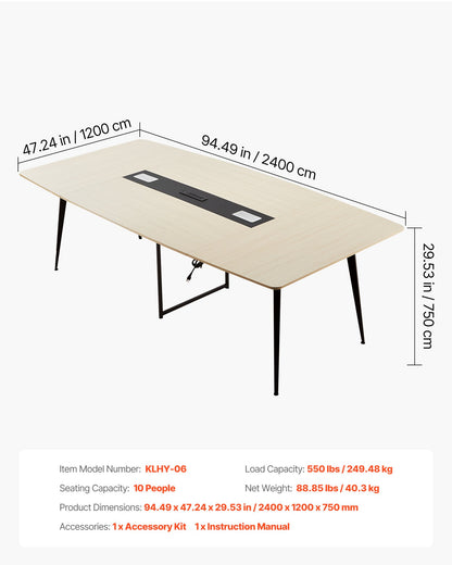 VEVOR Conference Table, 8 ft Boat Shaped Office Meeting Table with Charge Station for 10 Person, Modern Boat Seminar Meeting Desk with Metal Legs for Office, Boardroom, Conference Room, Easy Assembly - BGHYZCX8FT1JXVIB8001V1 - view 8
