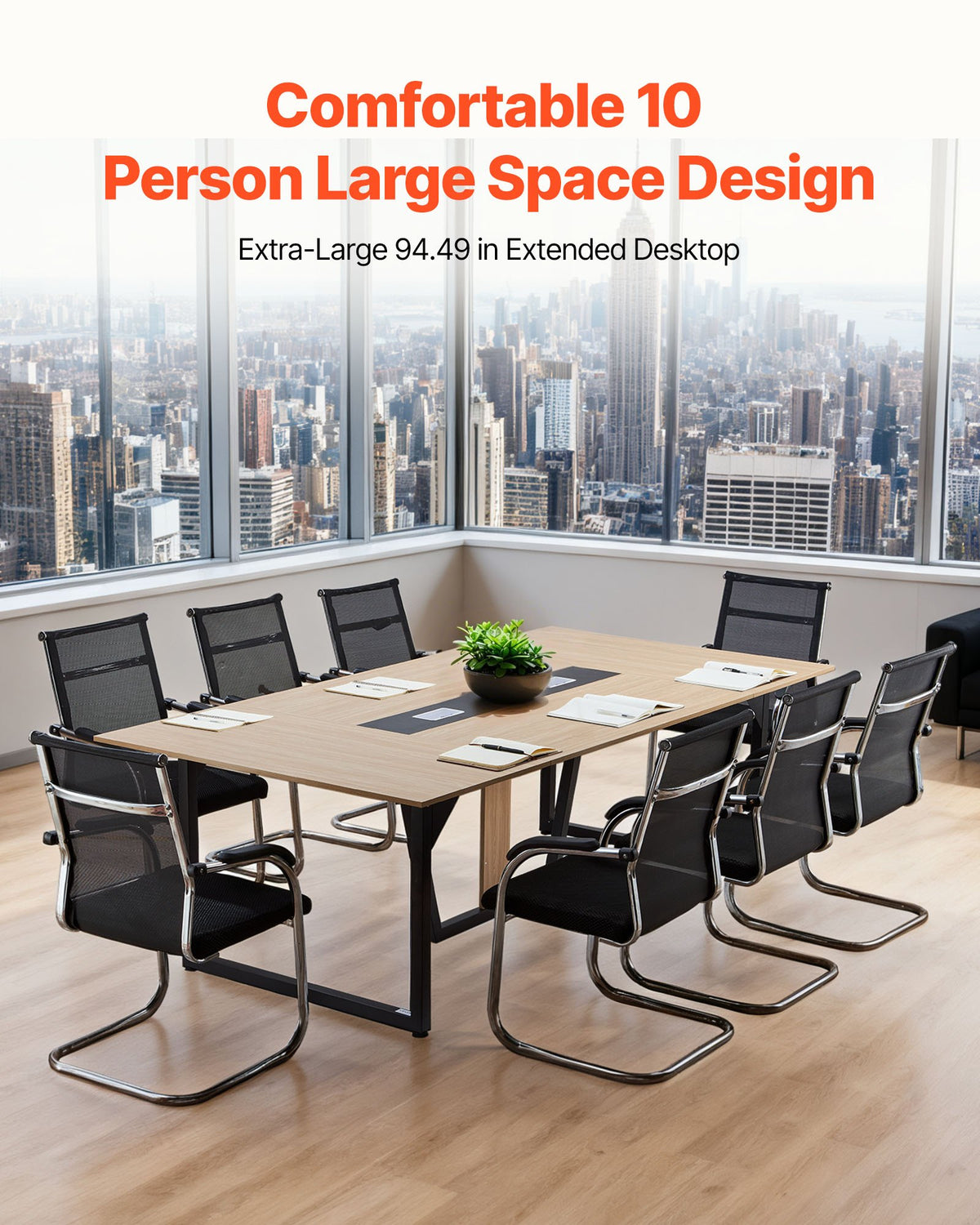 VEVOR Conference Table, 8 ft Office Meeting Table for 10 Person, Modern Rectangle Seminar Desk with Metal Legs, Large Meeting Desk Ideal for Office, Boardroom, Conference Room, Easy Assembly, Brown - BGHYZJX8FT00MUW5E001V0 - view 3