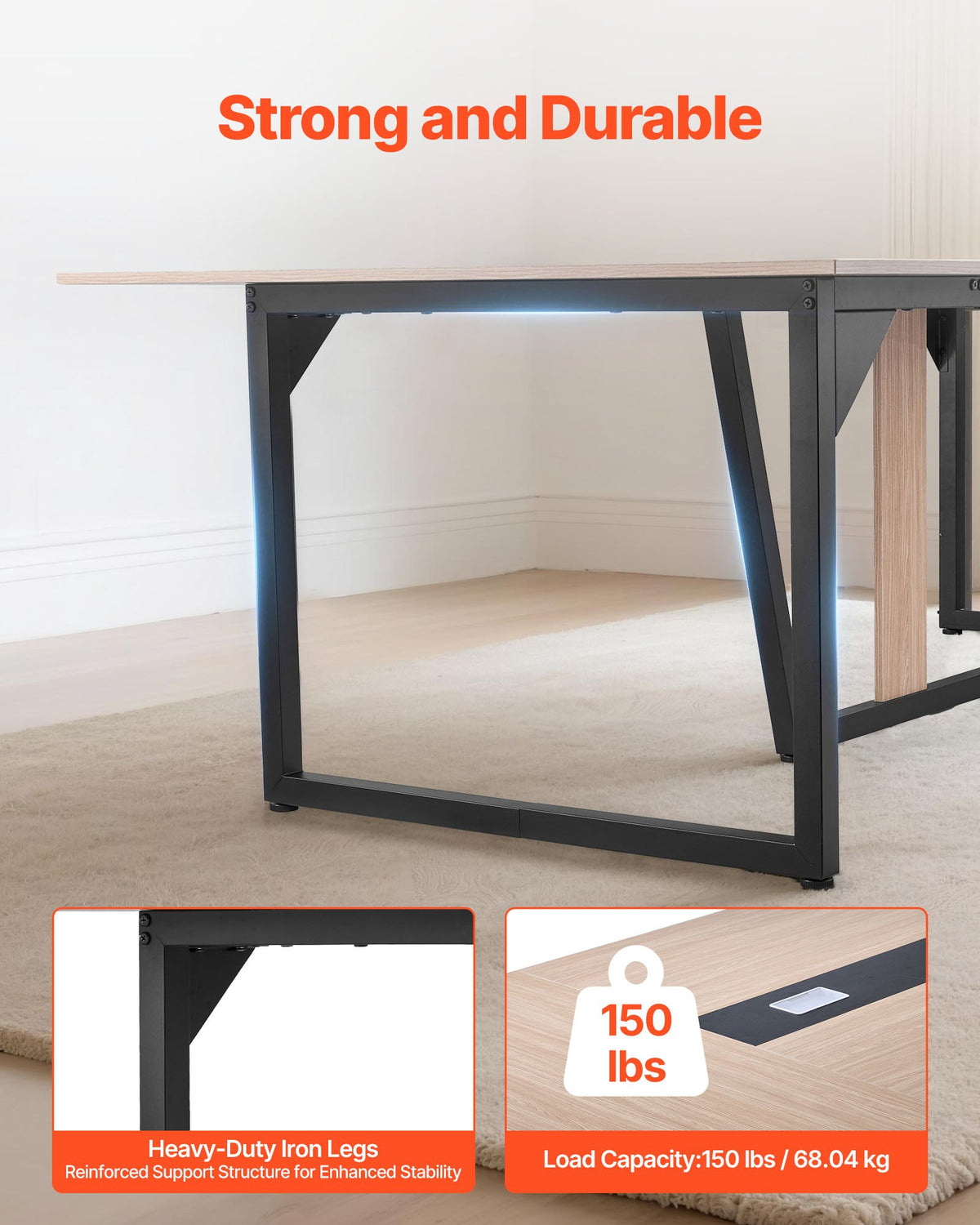 VEVOR Conference Table, 8 ft Office Meeting Table for 10 Person, Modern Rectangle Seminar Desk with Metal Legs, Large Meeting Desk Ideal for Office, Boardroom, Conference Room, Easy Assembly, Brown - BGHYZJX8FT00MUW5E001V0 - view 4