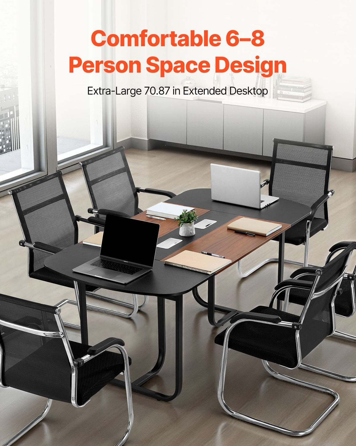 VEVOR Conference Table, 6 ft Oval Office Meeting Table for 6-8 Person, Modern Seminar Desk with Metal Legs, Large Meeting Desk for Office, Boardroom, Conference Room, Easy Assembly, Black & Brown - BGHYZTYX6FT0CCUFW001V0 - view 3