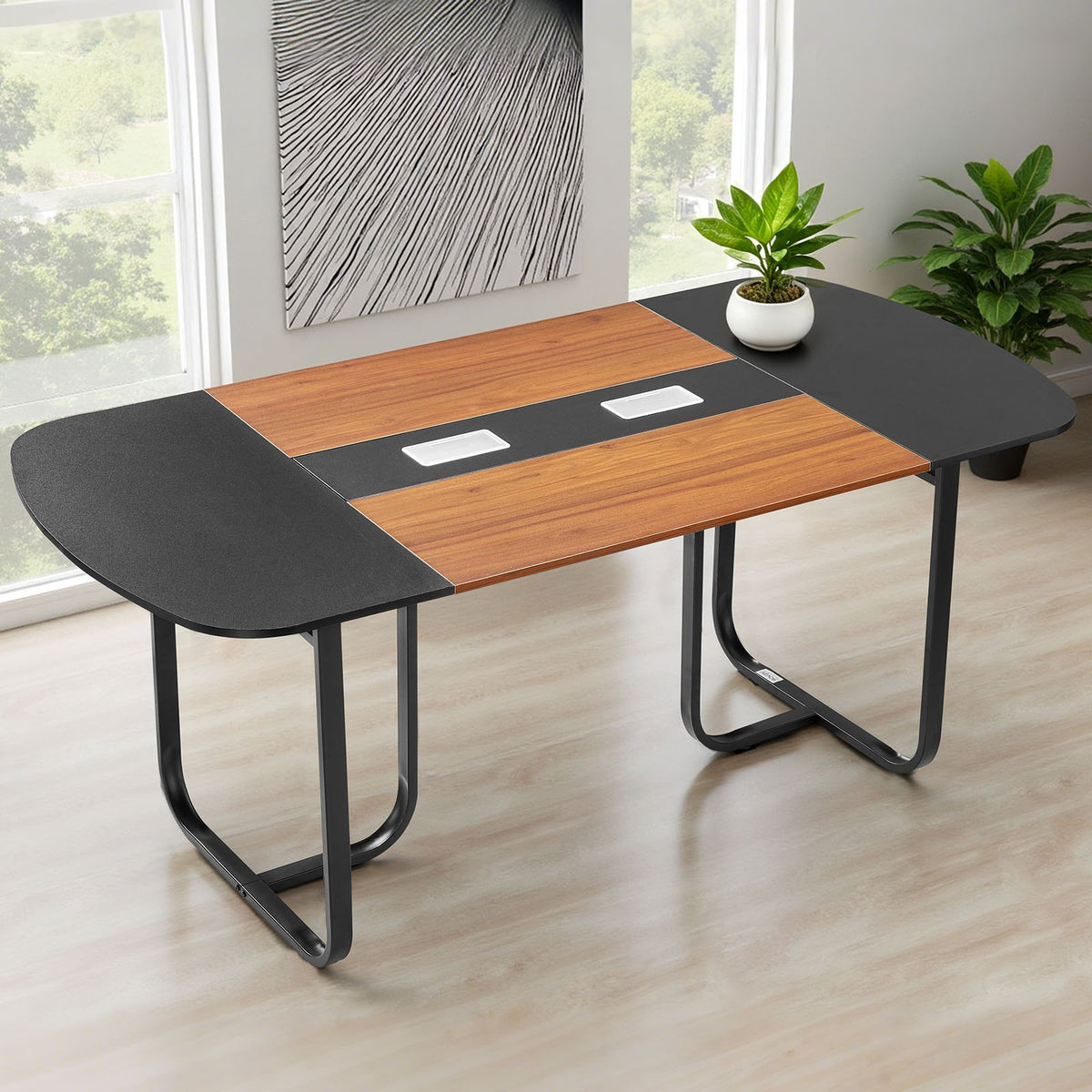 VEVOR Conference Table, 6 ft Oval Office Meeting Table for 6-8 Person, Modern Seminar Desk with Metal Legs, Large Meeting Desk for Office, Boardroom, Conference Room, Easy Assembly, Black & Brown - BGHYZTYX6FT0CCUFW001V0 - view 9
