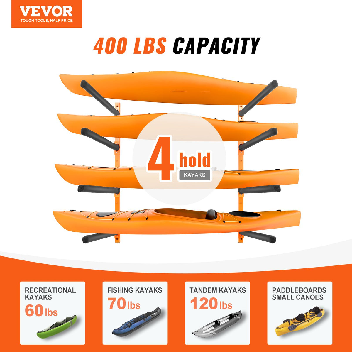 VEVOR Wall Kayak Storage Rack, 4-Capacity Wall Mounted Kayak Holders for Kayak Canoe Paddle Board, Kayak Storage Hooks with Adjustable Padded Arms, 400 LBS Load Kayak Hanger for Indoor Outdoor Garage - BGS4G0000000MMS6PV0 - view 3