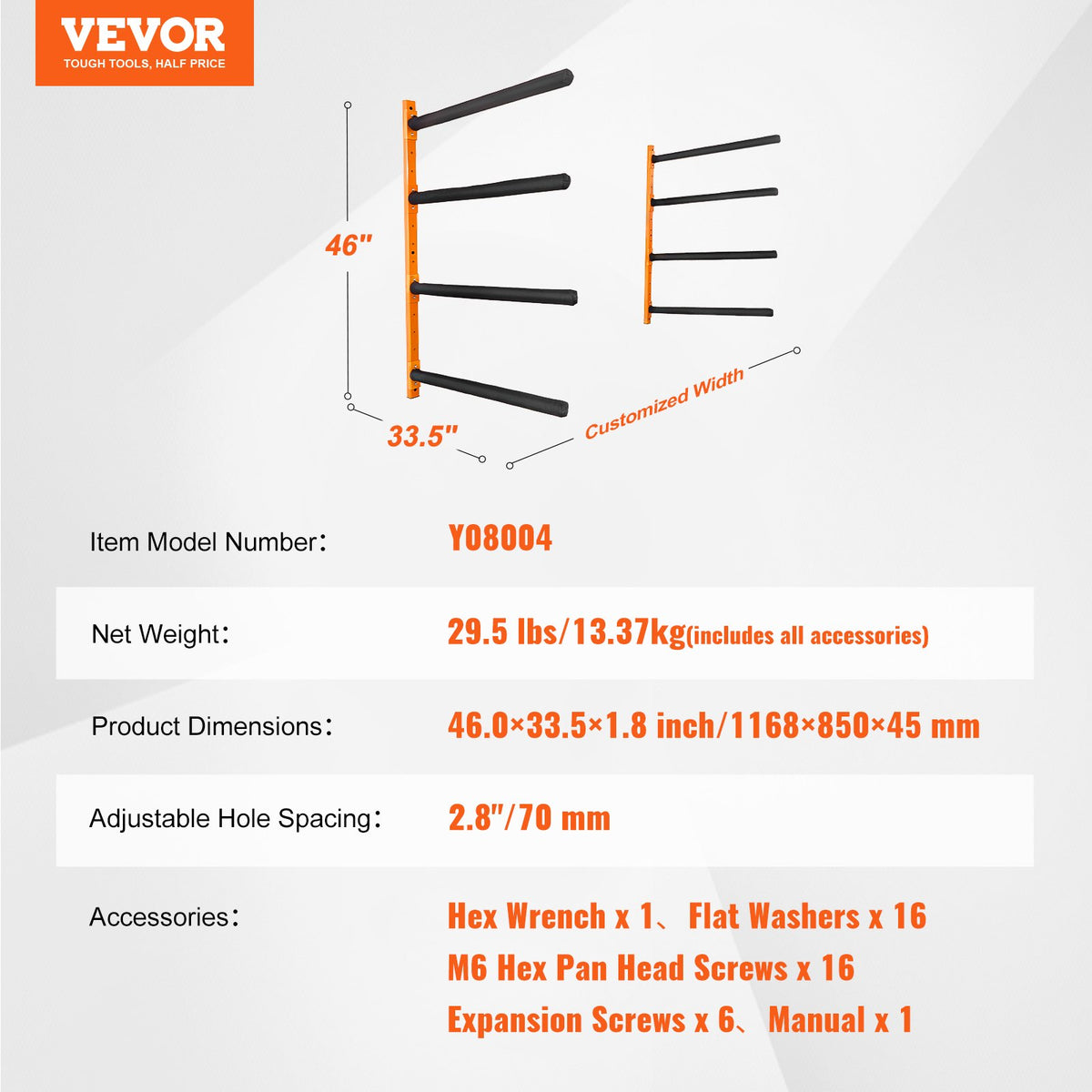 VEVOR Wall Kayak Storage Rack, 4-Capacity Wall Mounted Kayak Holders for Kayak Canoe Paddle Board, Kayak Storage Hooks with Adjustable Padded Arms, 400 LBS Load Kayak Hanger for Indoor Outdoor Garage - BGS4G0000000MMS6PV0 - view 8