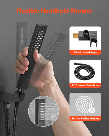VEVOR Shower Faucet Set, Rainfall Bathroom Shower System with 12-Inch Square Rain Shower Head and Handheld Spray, Wall Mounted Bath Fixtures with Brass Valve and Trim Kit, Matte Black - BGSAZDPHSZHB0RXH9001V0 - view 4