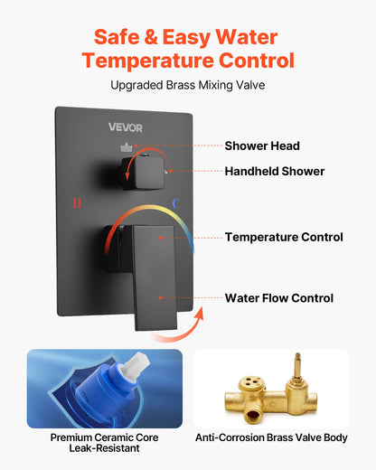 VEVOR Shower Faucet Set, Rainfall Bathroom Shower System with 12-Inch Square Rain Shower Head and Handheld Spray, Wall Mounted Bath Fixtures with Brass Valve and Trim Kit, Matte Black - BGSAZDPHSZHB0RXH9001V0 - view 6