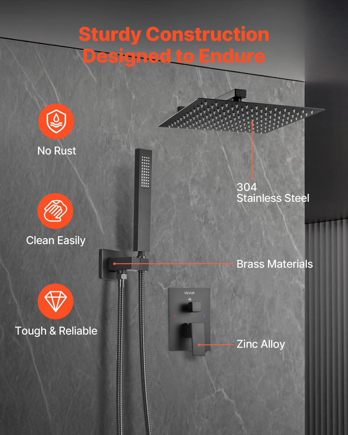 VEVOR Shower Faucet Set, Rainfall Bathroom Shower System with 12-Inch Square Rain Shower Head and Handheld Spray, Wall Mounted Bath Fixtures with Brass Valve and Trim Kit, Matte Black - BGSAZDPHSZHB0RXH9001V0 - view 7