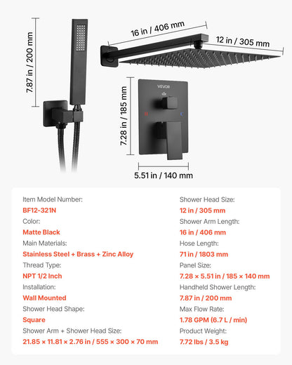VEVOR Shower Faucet Set, Rainfall Bathroom Shower System with 12-Inch Square Rain Shower Head and Handheld Spray, Wall Mounted Bath Fixtures with Brass Valve and Trim Kit, Matte Black - BGSAZDPHSZHB0RXH9001V0 - view 8
