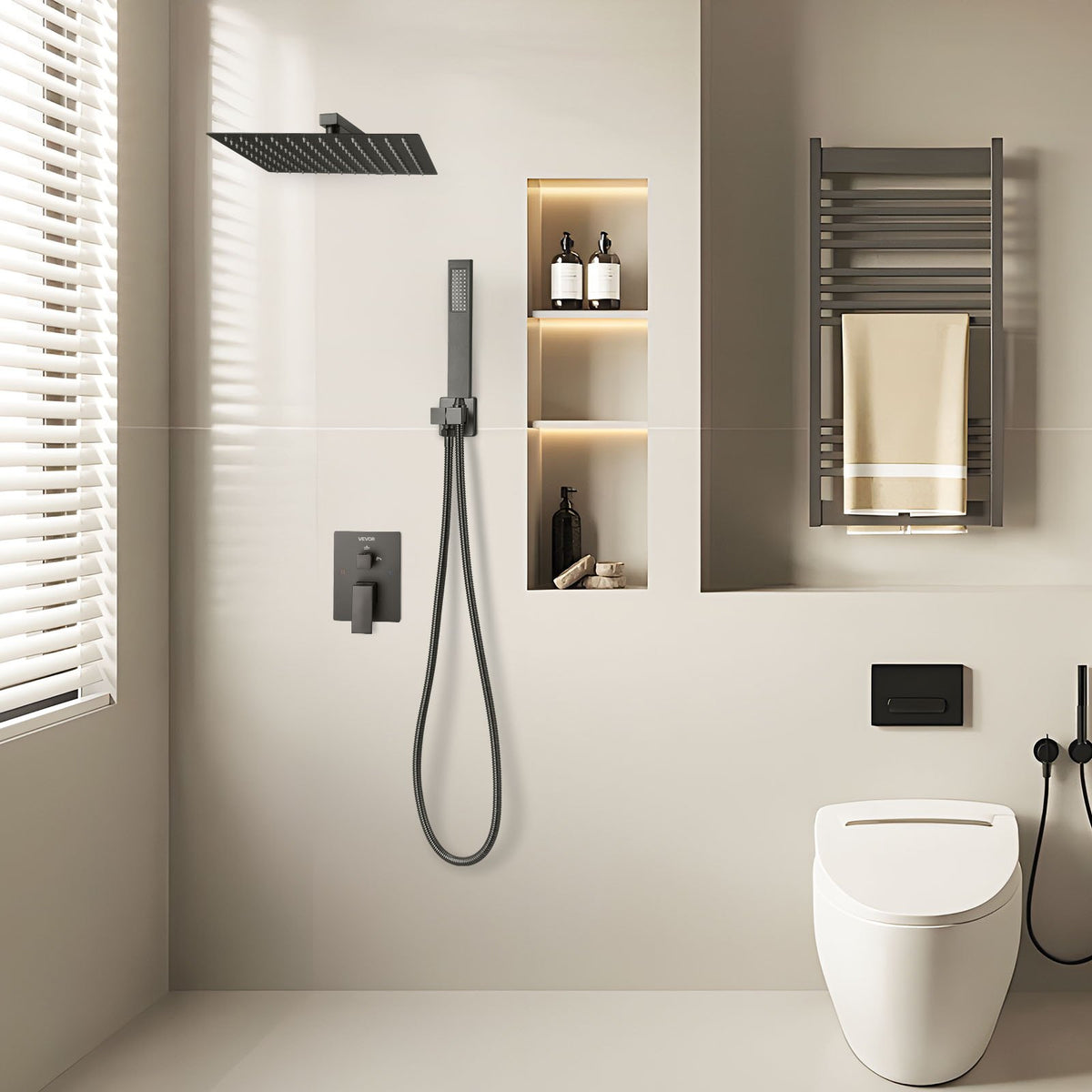 VEVOR Shower Faucet Set, Rainfall Bathroom Shower System with 12-Inch Square Rain Shower Head and Handheld Spray, Wall Mounted Bath Fixtures with Brass Valve and Trim Kit, Matte Black - BGSAZDPHSZHB0RXH9001V0 - view 9