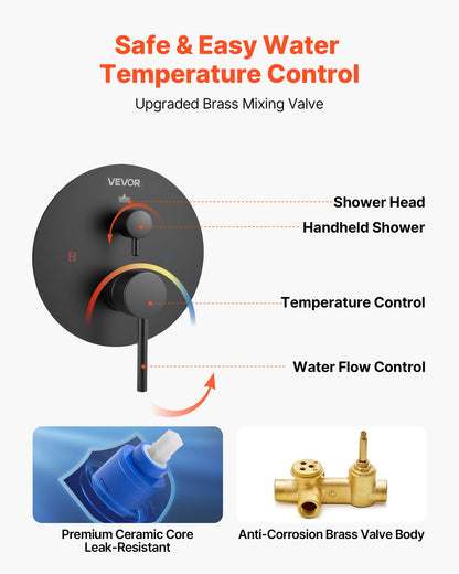 VEVOR Shower Faucet Set, Rainfall Bathroom Shower System with 10-Inch Round Rain Shower Head and Handheld Spray, Wall Mounted Bath Fixtures with Brass Valve and Trim Kit, Matte Black - BGSAZDPHSZHB7V4RI001V0 - view 6