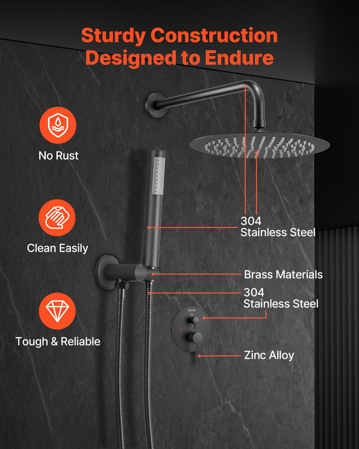 VEVOR Shower Faucet Set, Rainfall Bathroom Shower System with 10-Inch Round Rain Shower Head and Handheld Spray, Wall Mounted Bath Fixtures with Brass Valve and Trim Kit, Matte Black - BGSAZDPHSZHB7V4RI001V0 - view 7