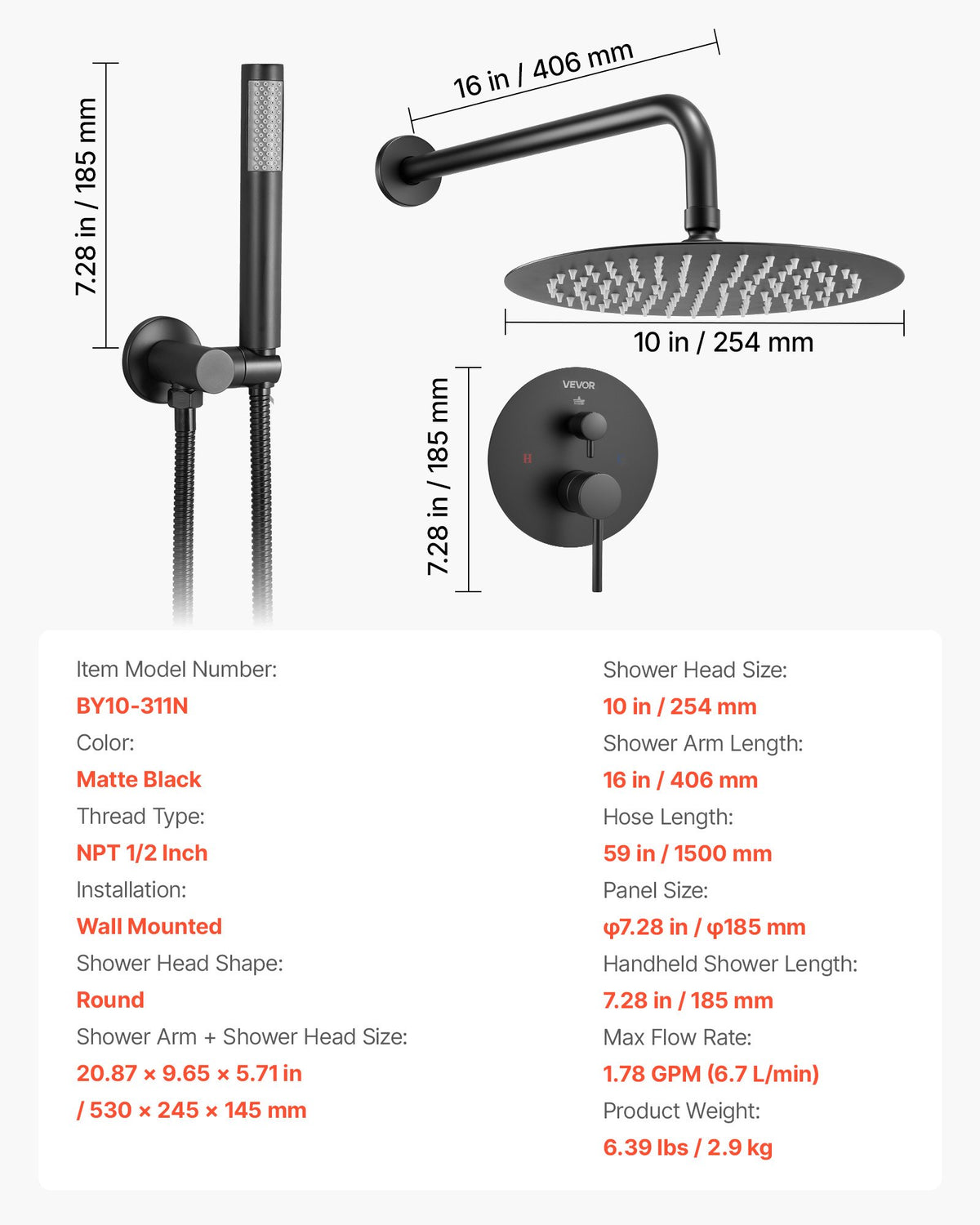 VEVOR Shower Faucet Set, Rainfall Bathroom Shower System with 10-Inch Round Rain Shower Head and Handheld Spray, Wall Mounted Bath Fixtures with Brass Valve and Trim Kit, Matte Black - BGSAZDPHSZHB7V4RI001V0 - view 8