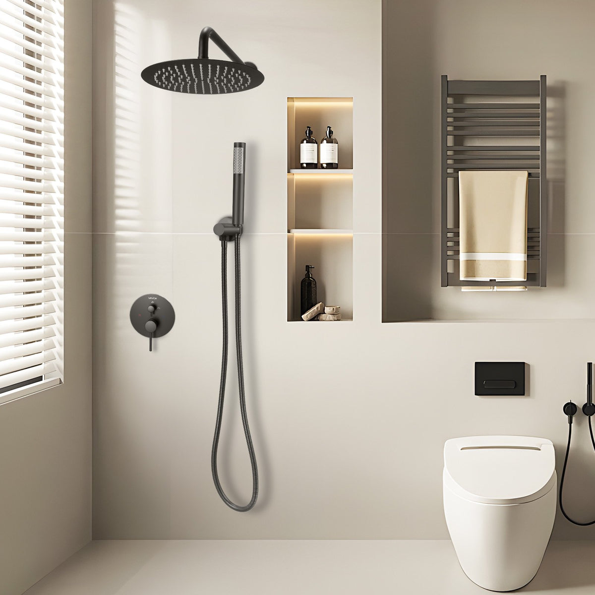 VEVOR Shower Faucet Set, Rainfall Bathroom Shower System with 10-Inch Round Rain Shower Head and Handheld Spray, Wall Mounted Bath Fixtures with Brass Valve and Trim Kit, Matte Black - BGSAZDPHSZHB7V4RI001V0 - view 9