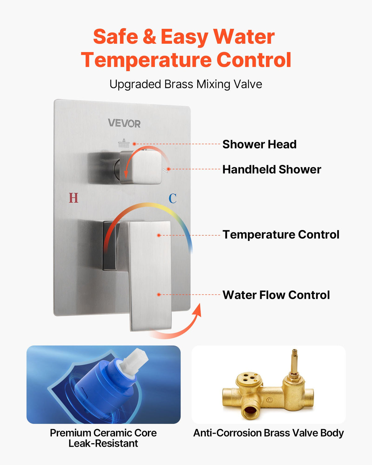 VEVOR Shower Faucet Set, Rainfall Bathroom Shower System with 12-Inch Square Rain Shower Head and Handheld Spray, Wall Mounted Bath Fixtures with Brass Valve and Trim Kit, Brushed Nickel - BGSAZDPHSZHB9XXN9001V0 - view 6