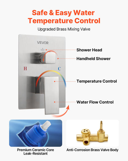 VEVOR Shower Faucet Set, Rainfall Bathroom Shower System with 12-Inch Square Rain Shower Head and Handheld Spray, Wall Mounted Bath Fixtures with Brass Valve and Trim Kit, Brushed Nickel - BGSAZDPHSZHB9XXN9001V0 - view 6