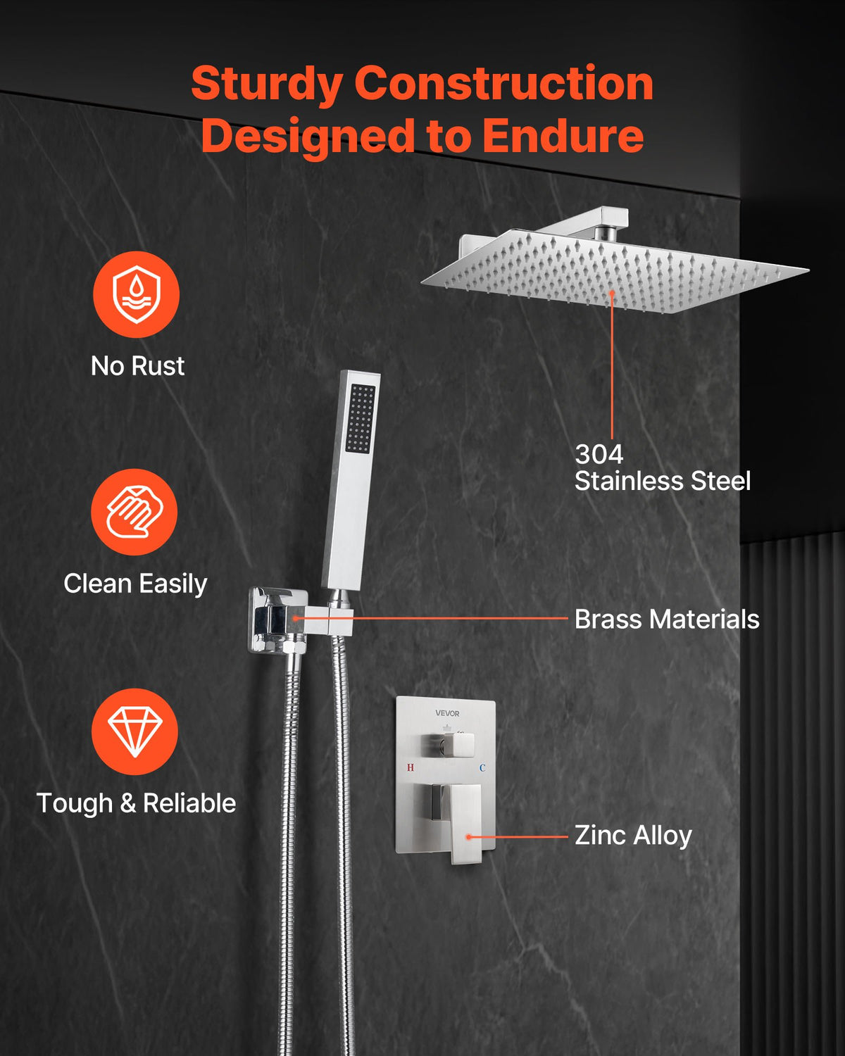 VEVOR Shower Faucet Set, Rainfall Bathroom Shower System with 12-Inch Square Rain Shower Head and Handheld Spray, Wall Mounted Bath Fixtures with Brass Valve and Trim Kit, Brushed Nickel - BGSAZDPHSZHB9XXN9001V0 - view 7
