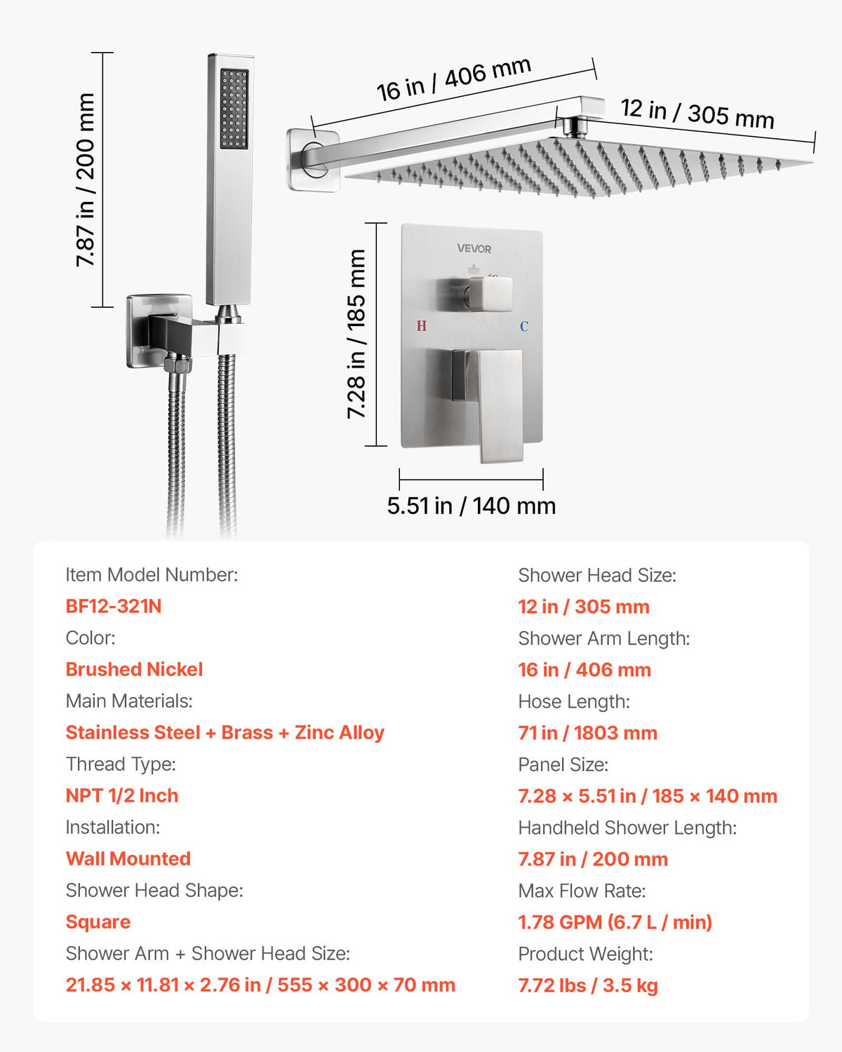 VEVOR Shower Faucet Set, Rainfall Bathroom Shower System with 12-Inch Square Rain Shower Head and Handheld Spray, Wall Mounted Bath Fixtures with Brass Valve and Trim Kit, Brushed Nickel - BGSAZDPHSZHB9XXN9001V0 - view 8