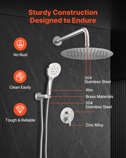 VEVOR Shower Faucet Set, Rainfall Bathroom Shower System with 10-Inch Round Rain Shower Head and Handheld Spray, Wall Mounted Bath Fixtures with Brass Valve and Trim Kit, Brushed Nickel - BGSAZDPHSZHBWIFSD001V0 - view 7