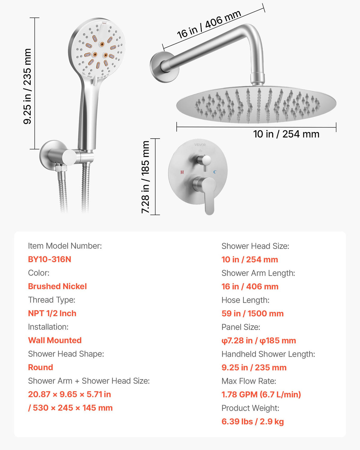 VEVOR Shower Faucet Set, Rainfall Bathroom Shower System with 10-Inch Round Rain Shower Head and Handheld Spray, Wall Mounted Bath Fixtures with Brass Valve and Trim Kit, Brushed Nickel - BGSAZDPHSZHBWIFSD001V0 - view 8