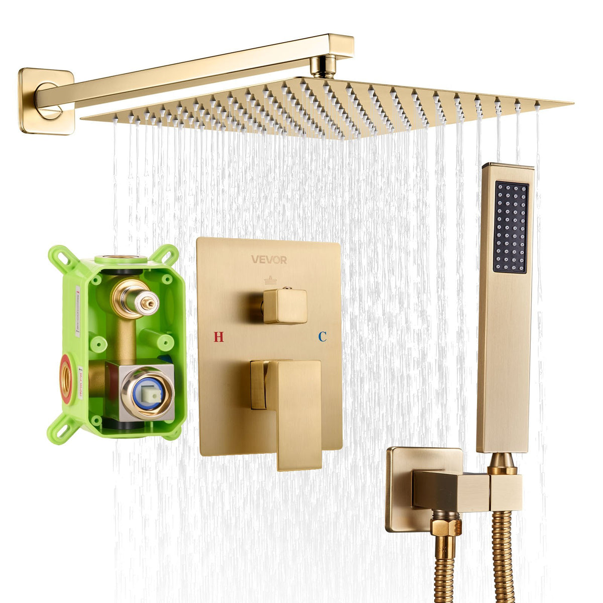 VEVOR Shower Faucet Set, Rainfall Bathroom Shower System with 12-Inch Square Rain Shower Head and Handheld Spray, Wall Mounted Bath Fixtures with Brass Valve and Trim Kit, Brushed Gold - BGSAZDPHSZHLC0A0B001V0 - view 1