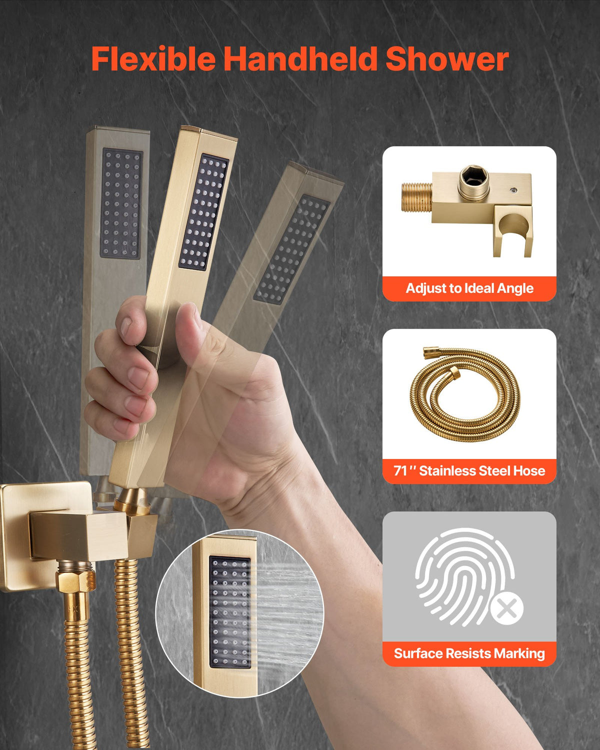 VEVOR Shower Faucet Set, Rainfall Bathroom Shower System with 12-Inch Square Rain Shower Head and Handheld Spray, Wall Mounted Bath Fixtures with Brass Valve and Trim Kit, Brushed Gold - BGSAZDPHSZHLC0A0B001V0 - view 4