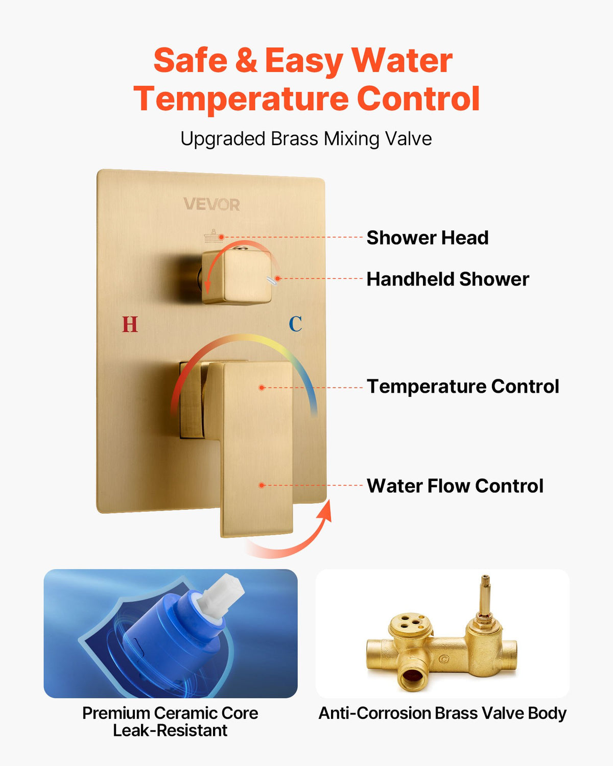 VEVOR Shower Faucet Set, Rainfall Bathroom Shower System with 12-Inch Square Rain Shower Head and Handheld Spray, Wall Mounted Bath Fixtures with Brass Valve and Trim Kit, Brushed Gold - BGSAZDPHSZHLC0A0B001V0 - view 6