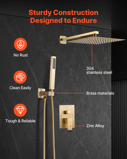 VEVOR Shower Faucet Set, Rainfall Bathroom Shower System with 12-Inch Square Rain Shower Head and Handheld Spray, Wall Mounted Bath Fixtures with Brass Valve and Trim Kit, Brushed Gold - BGSAZDPHSZHLC0A0B001V0 - view 7